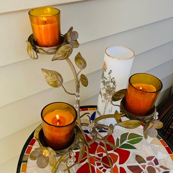 PartyLite Vintage 3+1 Candle Holder Centerpiece-Metal Leaves&Flowers, Beads&Gems - Picture 5 of 17
